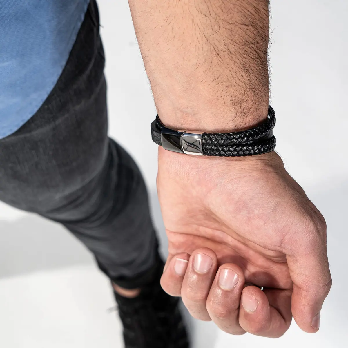 SERASAR Braided Leather Bracelet with Stainless Steel Clasp for Men | 17 cm (6.75 inch) - view 4