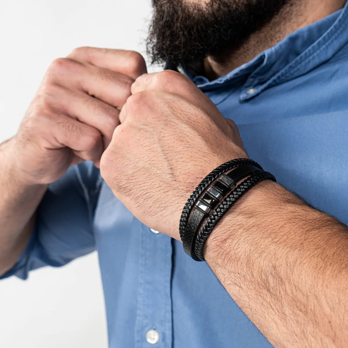 SERASAR Leather Men Bracelet Black Stainless Steel 9 inch | Magnetic Clasp, Braided Leather, Gift Box - view 3