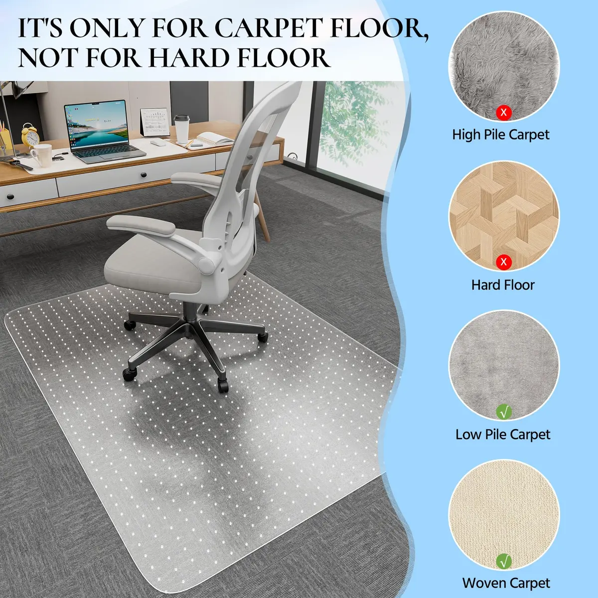 HOMEK Office Chair Mat for Carpet 53" x 45" | Low Pile Carpet Protector, Clear, Non-Toxic - view 3
