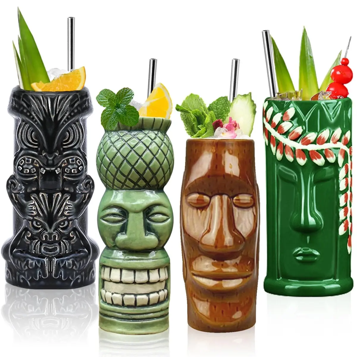 LINALL Tiki Mugs Cocktail Set of 4 | Large Ceramic Hawaiian Party Drinkware (4 pack) - main product image