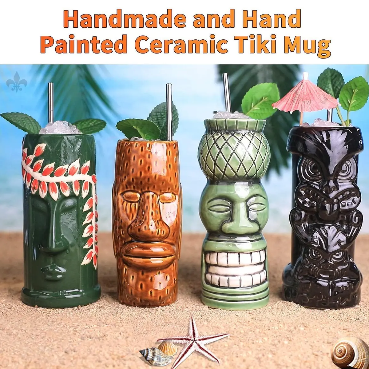 LINALL Tiki Mugs Cocktail Set of 4 | Large Ceramic Hawaiian Party Drinkware (4 pack) - view 5