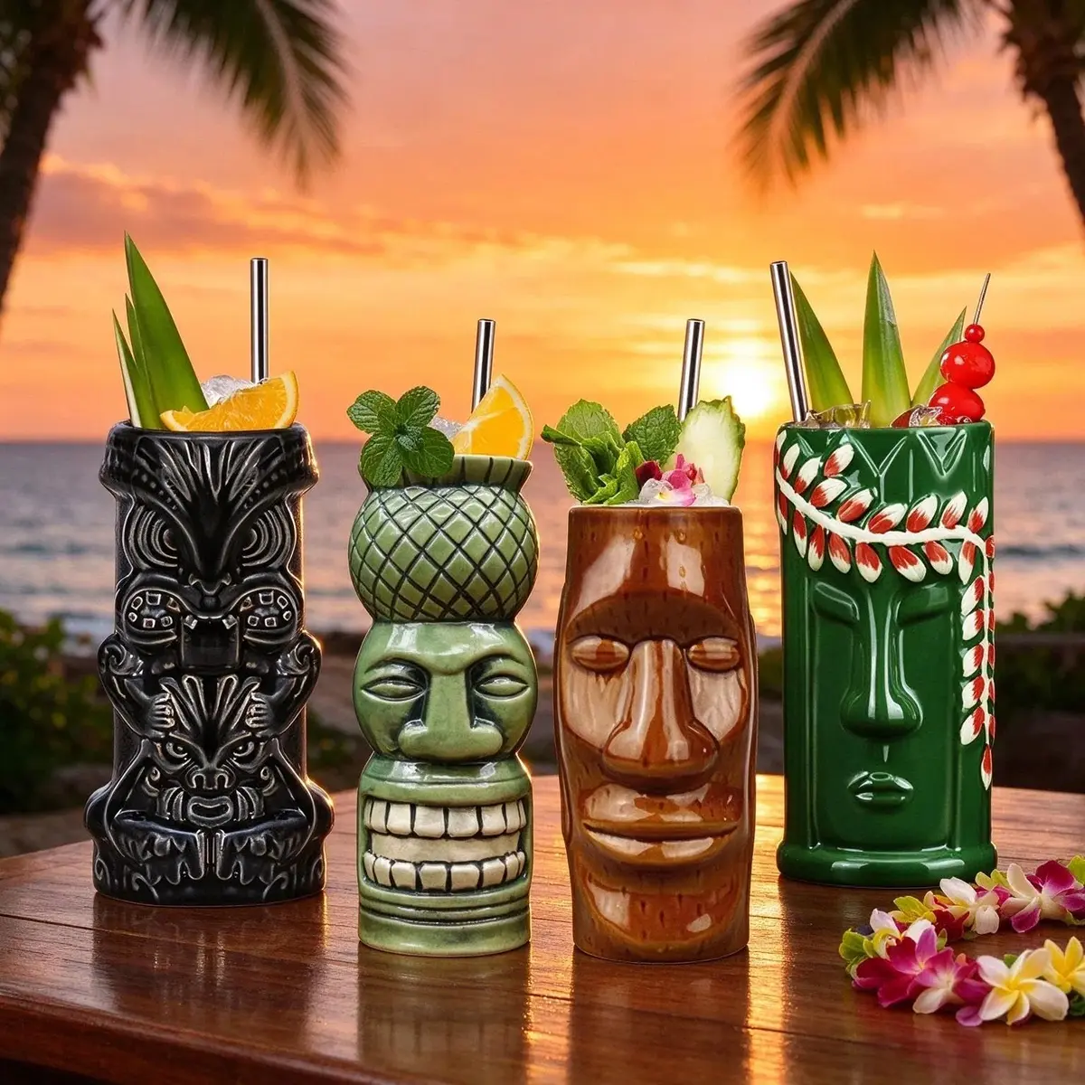 LINALL Tiki Mugs Cocktail Set of 4 | Large Ceramic Hawaiian Party Drinkware (4 pack) - view 7