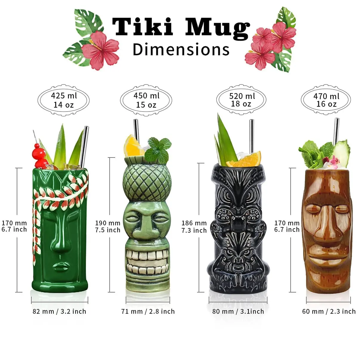 LINALL Tiki Mugs Cocktail Set of 4 | Large Ceramic Hawaiian Party Drinkware (4 pack) - view 2