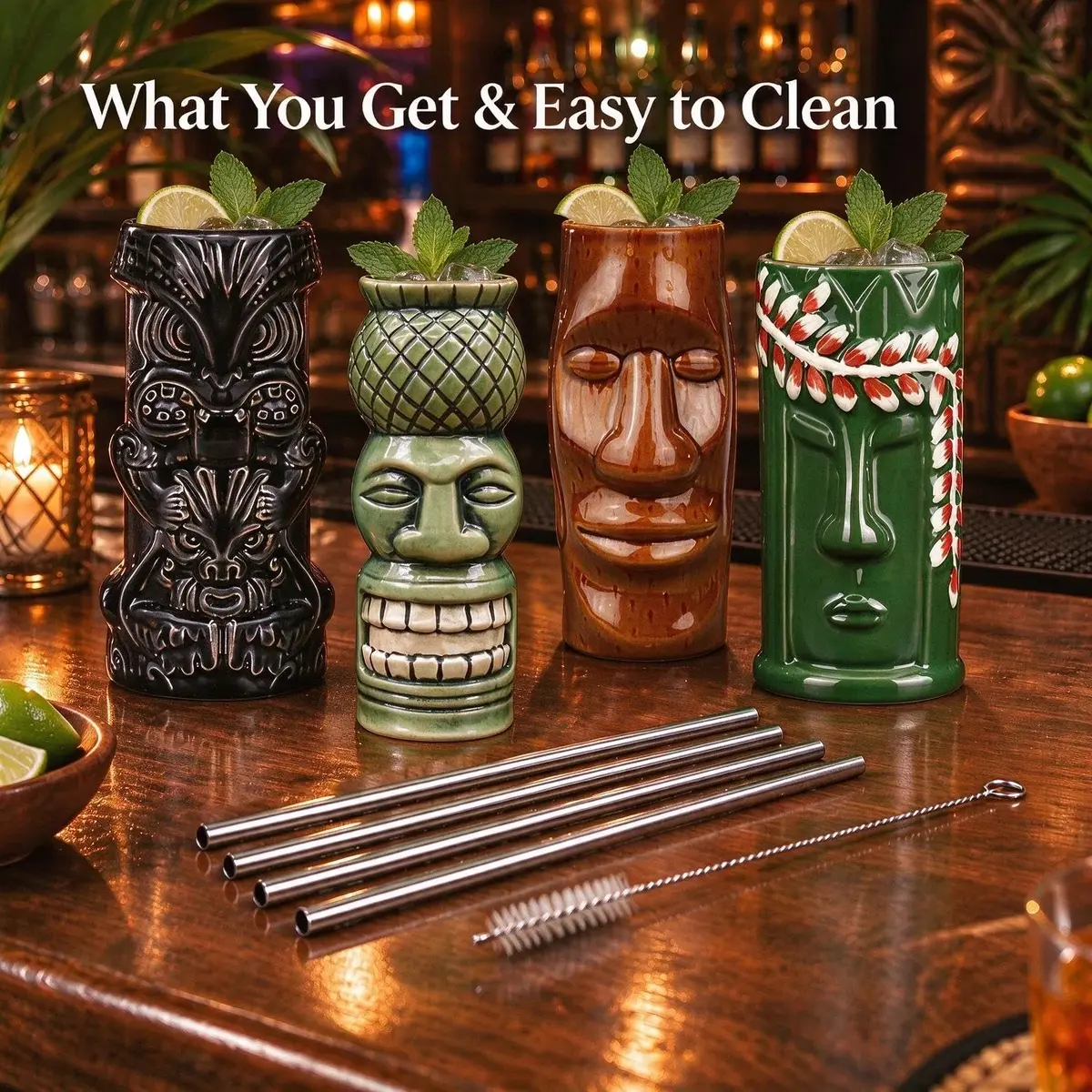 LINALL Tiki Mugs Cocktail Set of 4 | Large Ceramic Hawaiian Party Drinkware (4 pack) - view 3