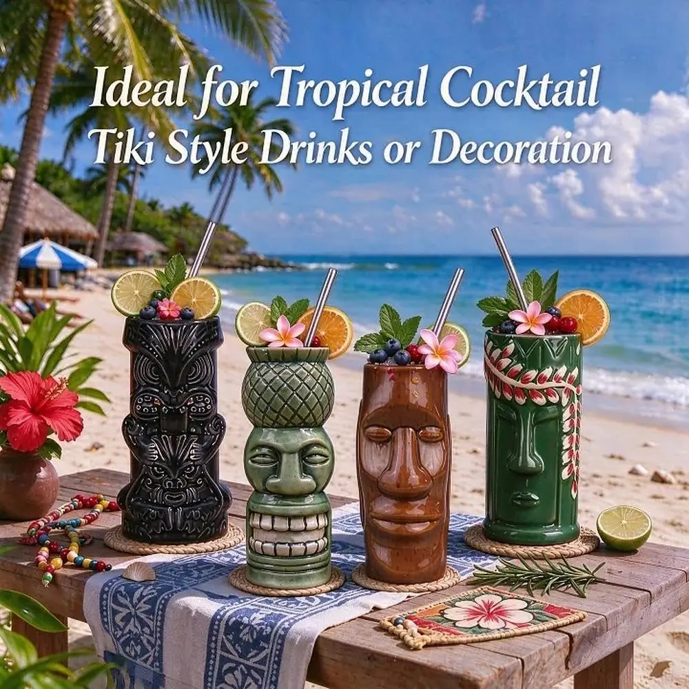 LINALL Tiki Mugs Cocktail Set of 4 | Large Ceramic Hawaiian Party Drinkware (4 pack) - view 4