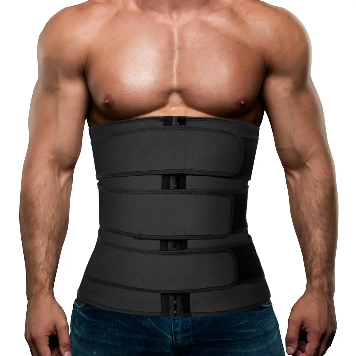Hidyliu Mens Black Waist Trainer Neoprene Sauna Sweat Trimmer with 3 Belts & 4 Rows Hook, Size Small - main product image