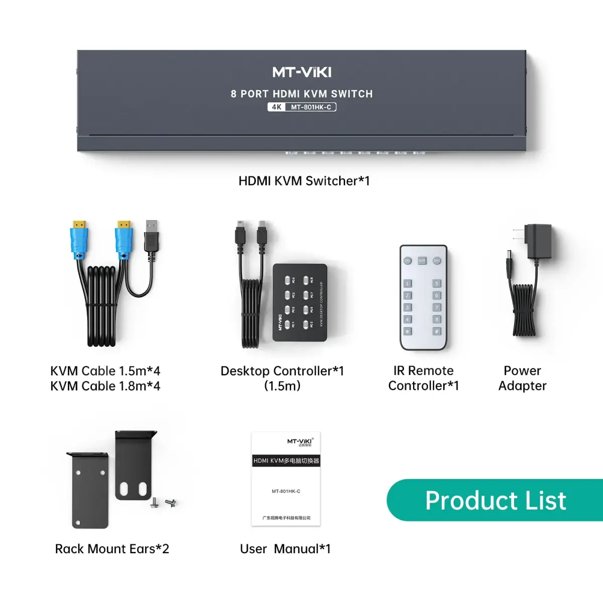 MT-VIKI 8 Port KVM Switch HDMI 4K@30Hz | Rack Mount, IR Remote, Desktop Controller, 8 Cables Included - view 2