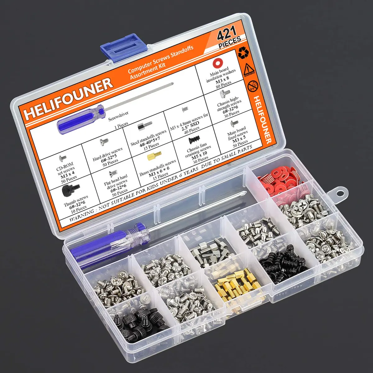 HELIFOUNER Computer Screw Assortment Kit 421 Pieces | Rust-Resistant Brass & Steel with Screwdriver - view 6