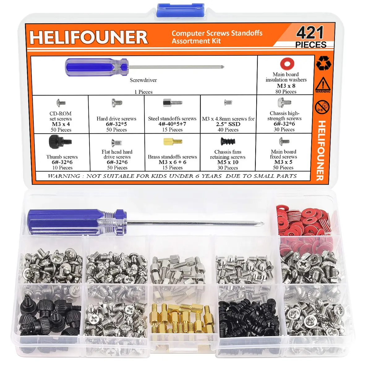 HELIFOUNER Computer Screw Assortment Kit 421 Pieces | Rust-Resistant Brass & Steel with Screwdriver - main product image