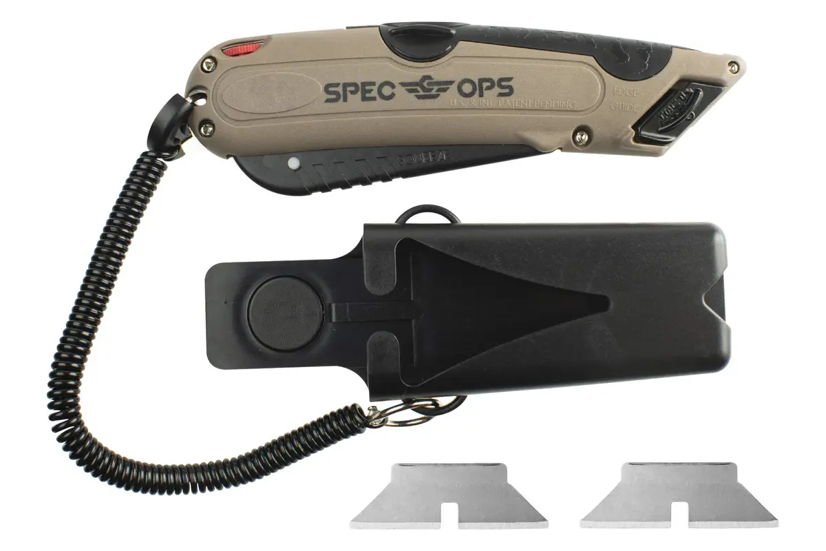 Spec Ops Safety Knife Box Cutter, Self-Retracting, Stainless Steel Blade, Black/Tan | Ergonomic & Safe for Warehouse & Cardboard - main product image