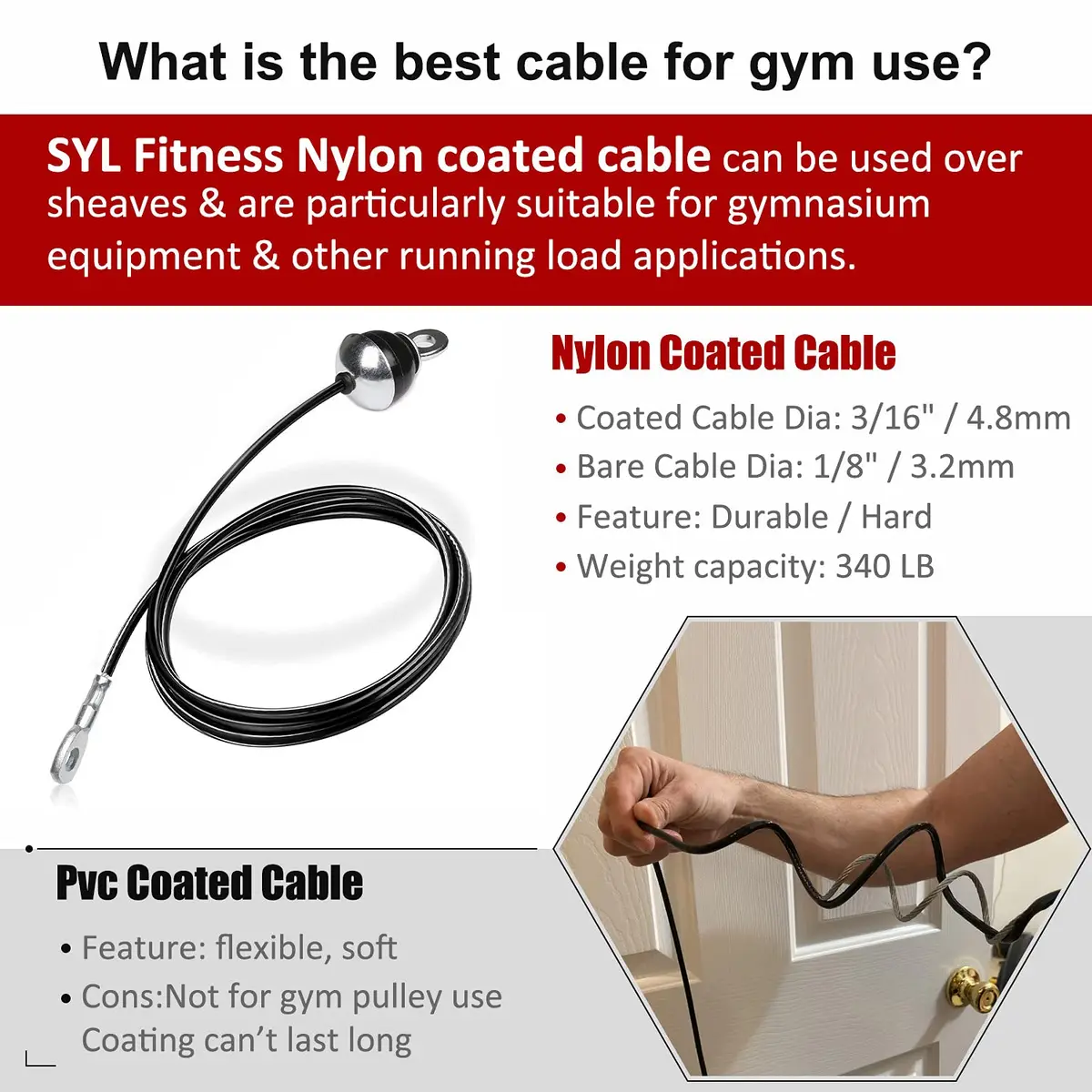 SYL Fitness Cable for DIY Home Garage Gym Cable Pulley System (Black: Type B, 88 in) | 340lb Capacity, Wear-Resistant Nylon - view 2