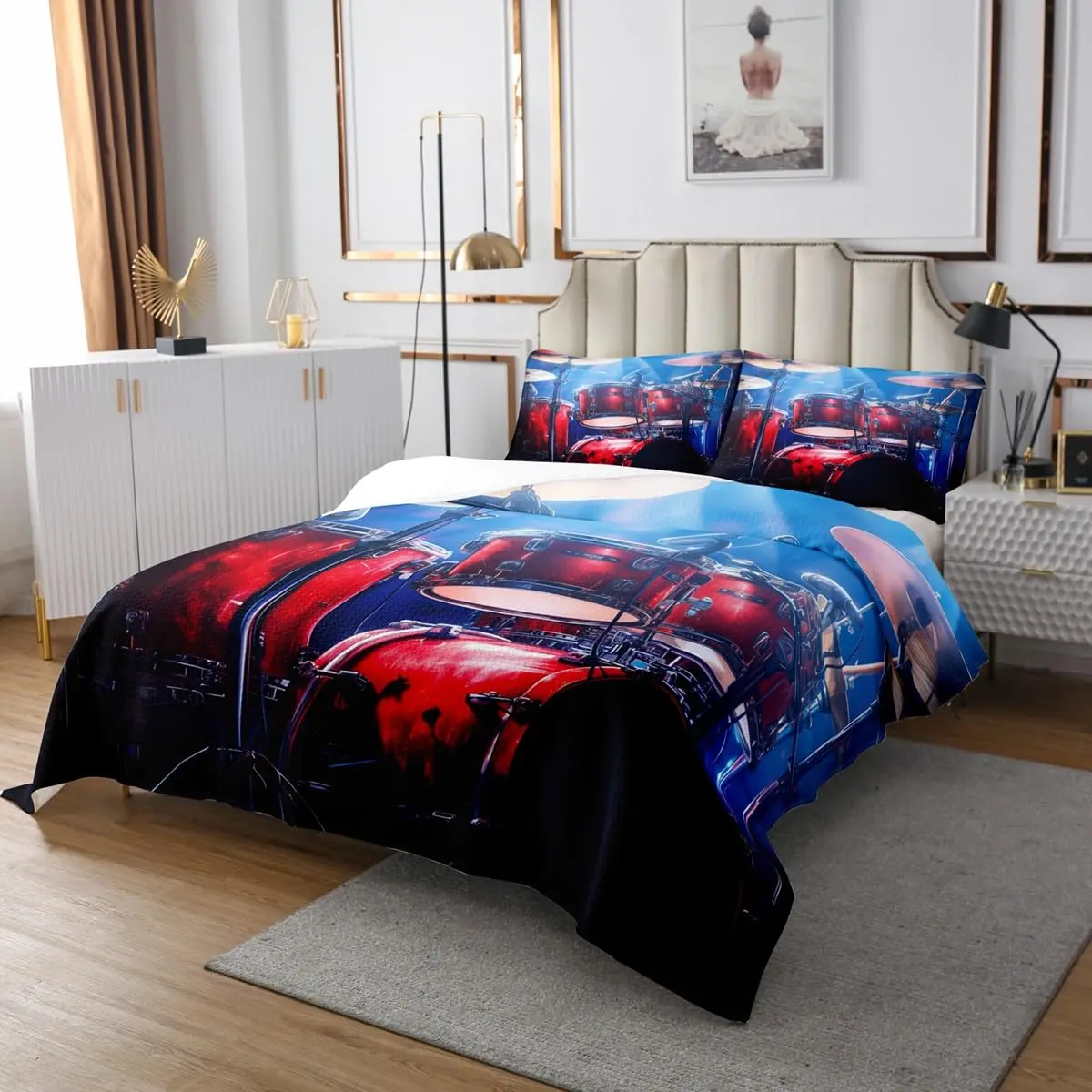 Manfei Rock Music Drum Kit Bedspread Queen Size 228.6cm x 228.6cm (90" x 90") | Oversized Quilted Coverlet Set with 2 Pillow Shams - view 2