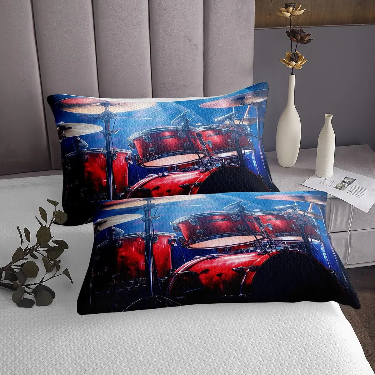 Manfei Rock Music Drum Kit Bedspread Queen Size 228.6cm x 228.6cm (90" x 90") | Oversized Quilted Coverlet Set with 2 Pillow Shams - view 3