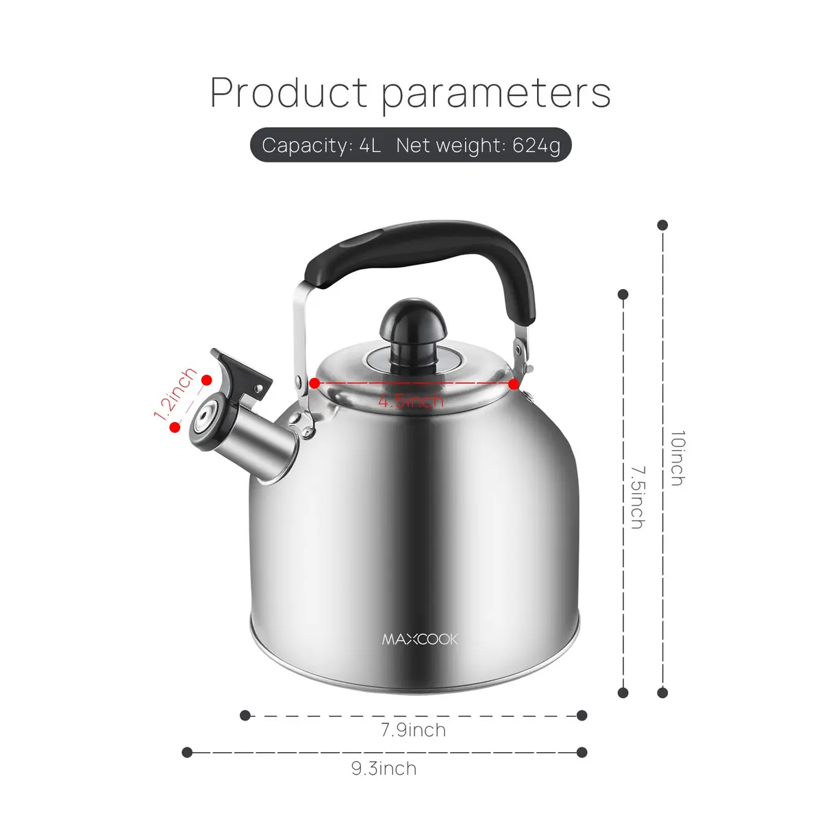 MAXCOOK 4.2 Quart/4L Stainless Steel Whistling Tea Kettle | Induction Compatible, Brushed Satin Finish - view 4