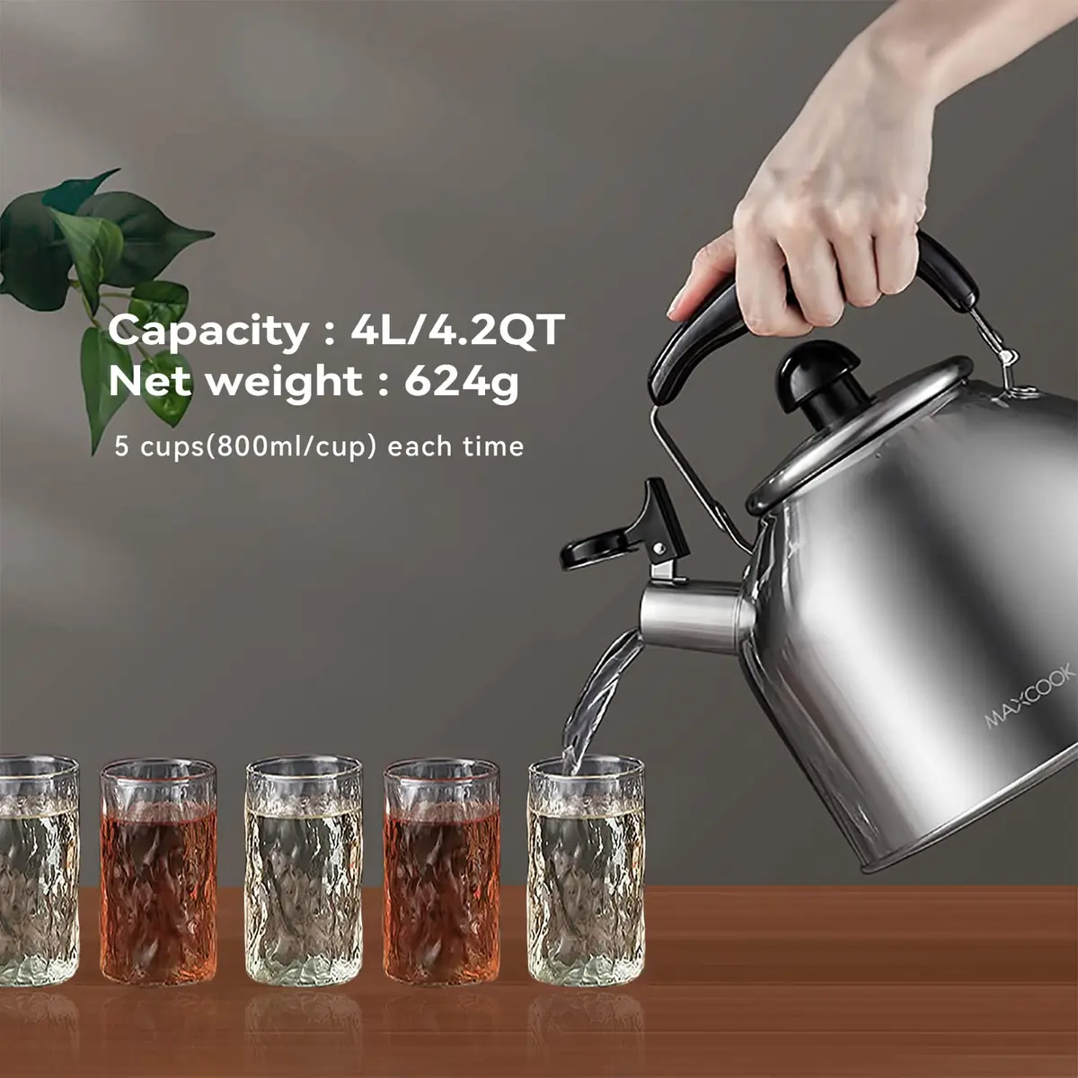MAXCOOK 4.2 Quart/4L Stainless Steel Whistling Tea Kettle | Induction Compatible, Brushed Satin Finish - view 3