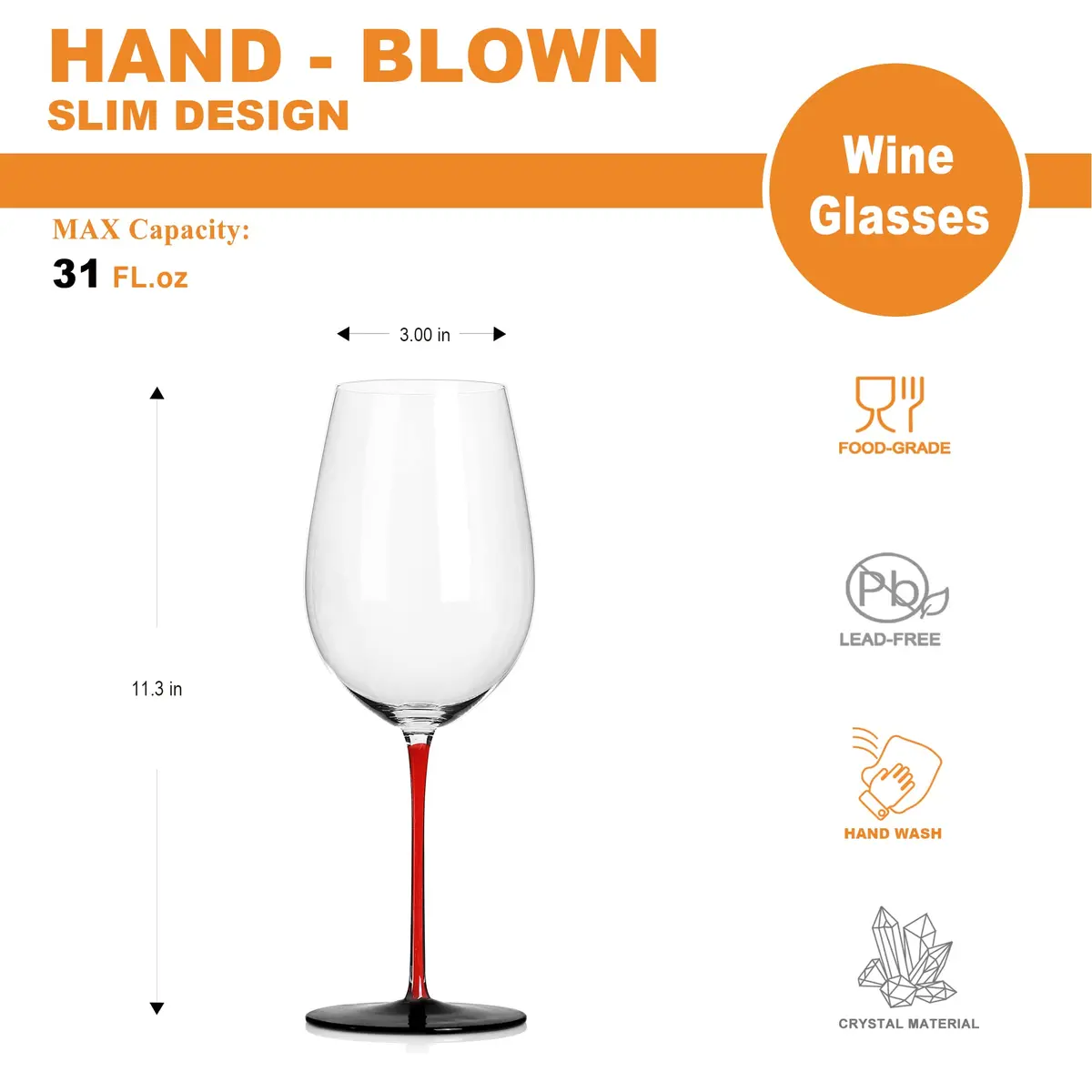 LUXU Crystal Wine Glasses with Red Stem & Black Base, 880ml (31 Fl Oz) | Hand Blown Artistry for Bordeaux & Cabernet Sauvignon - view 7