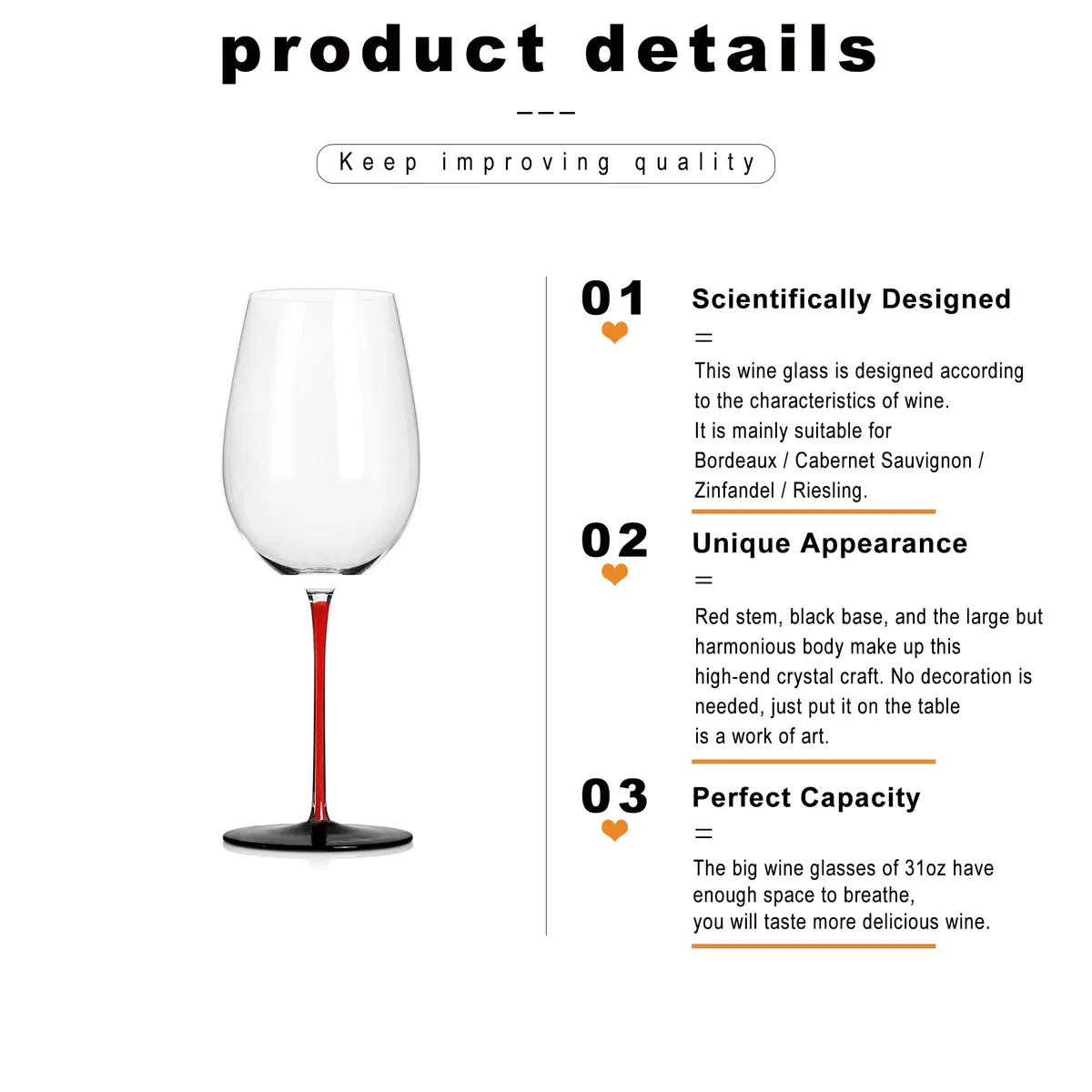 LUXU Crystal Wine Glasses with Red Stem & Black Base, 880ml (31 Fl Oz) | Hand Blown Artistry for Bordeaux & Cabernet Sauvignon - view 8