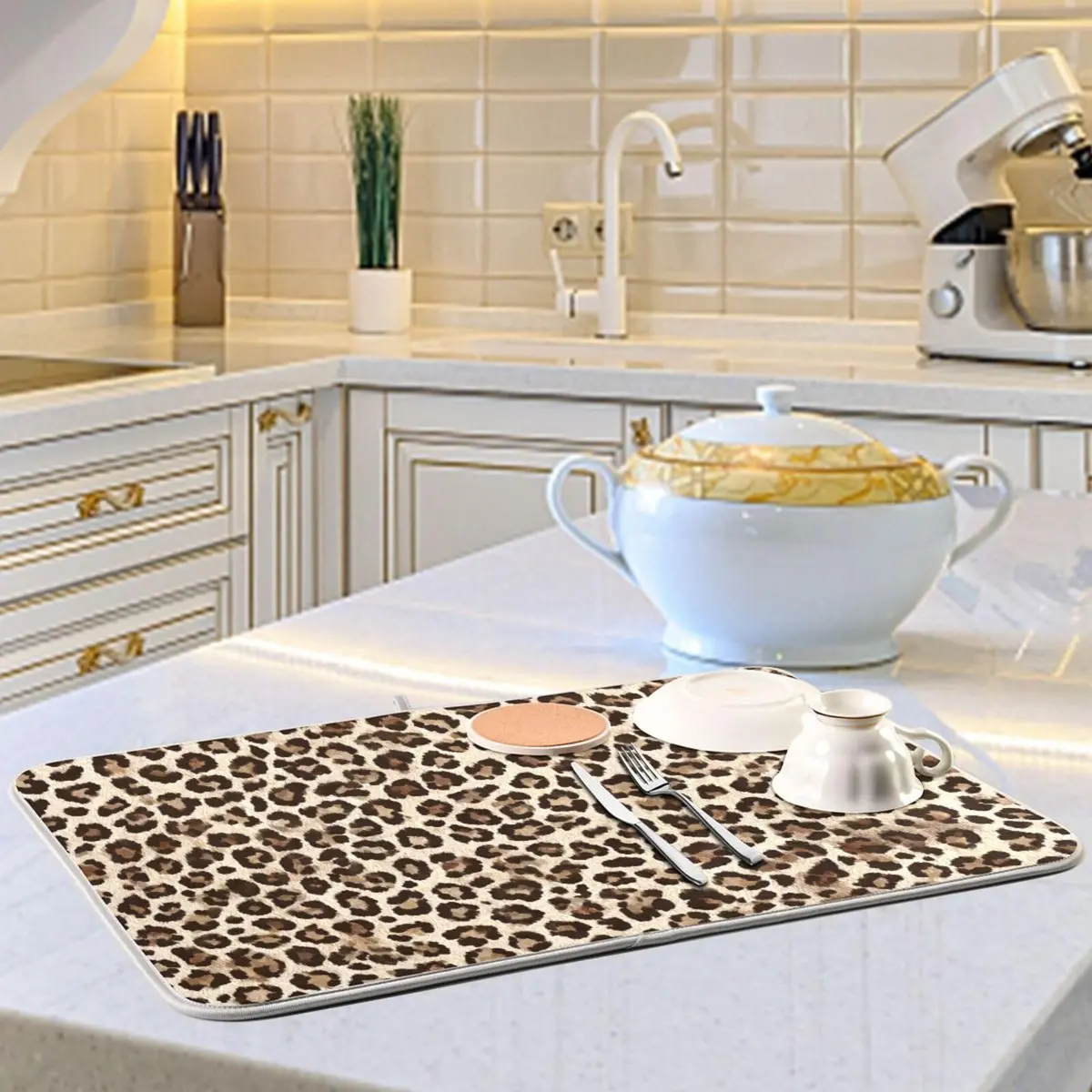 Kcldeci Leopard Print Dish Drying Mat 18x24 inch | Microfiber & Foam Absorbs Moisture - view 6