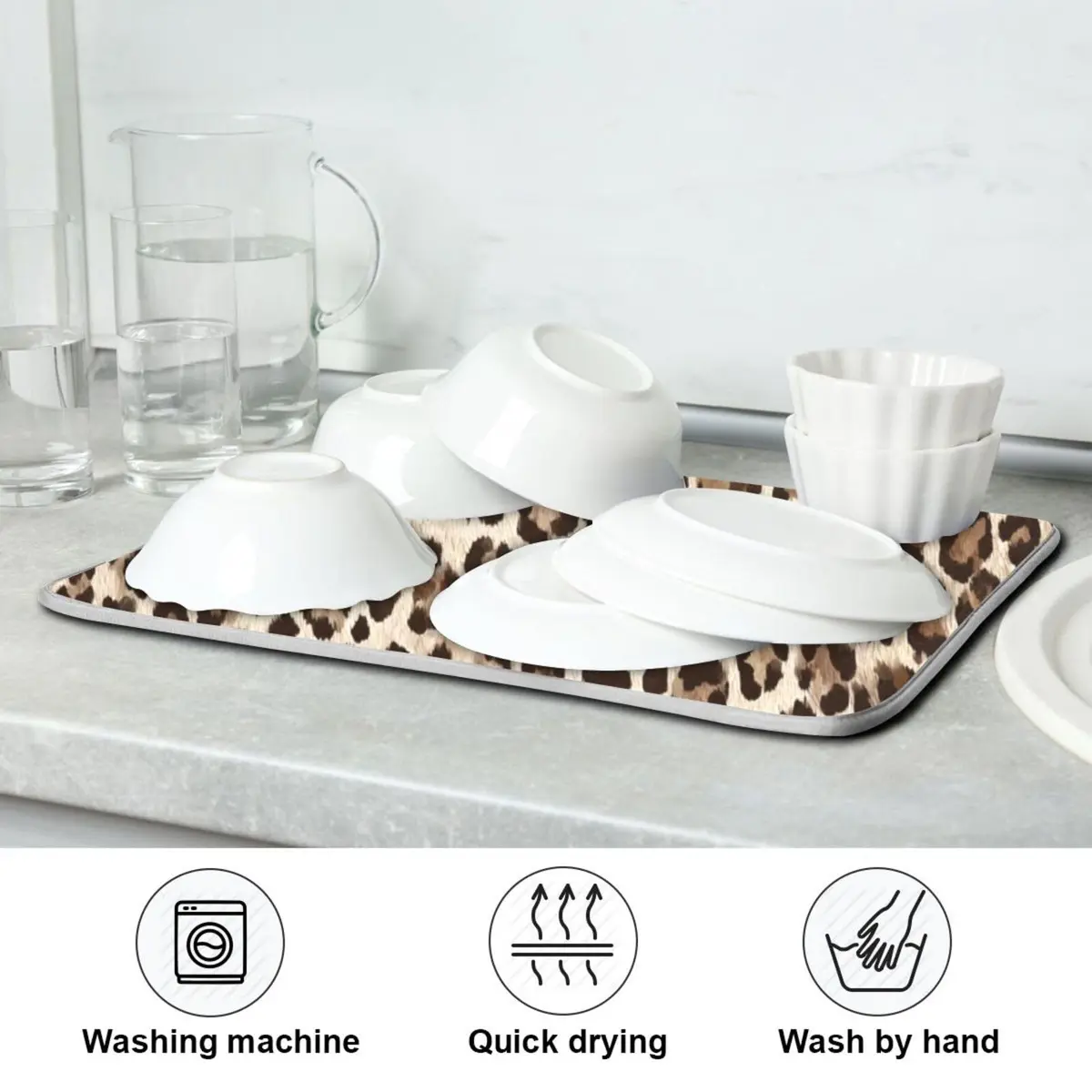Kcldeci Leopard Print Dish Drying Mat 18x24 inch | Microfiber & Foam Absorbs Moisture - view 7