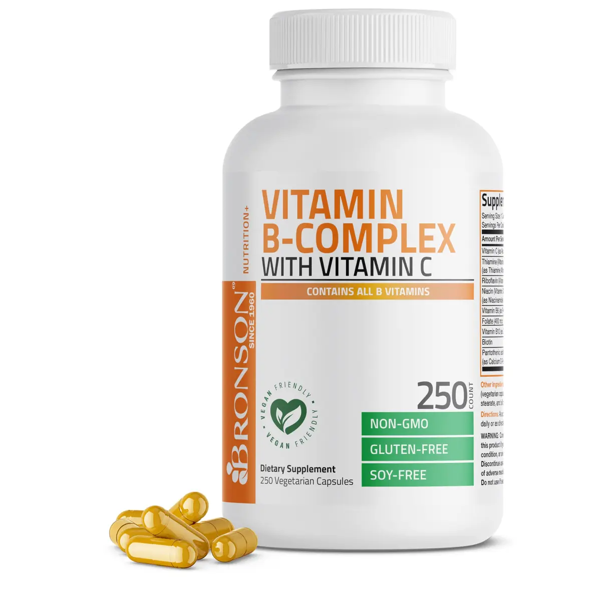 Bronson Vitamin B Complex with Vitamin C Vegetarian Capsules, 250 Count | Supports Energy & Immunity - main product image