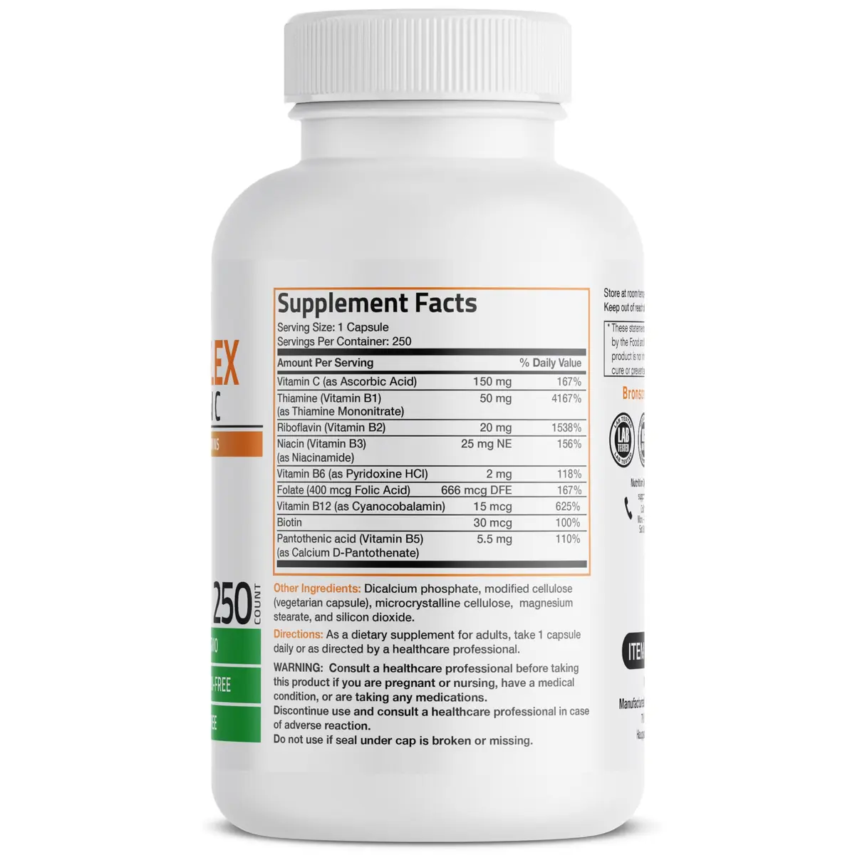Bronson Vitamin B Complex with Vitamin C Vegetarian Capsules, 250 Count | Supports Energy & Immunity - view 2