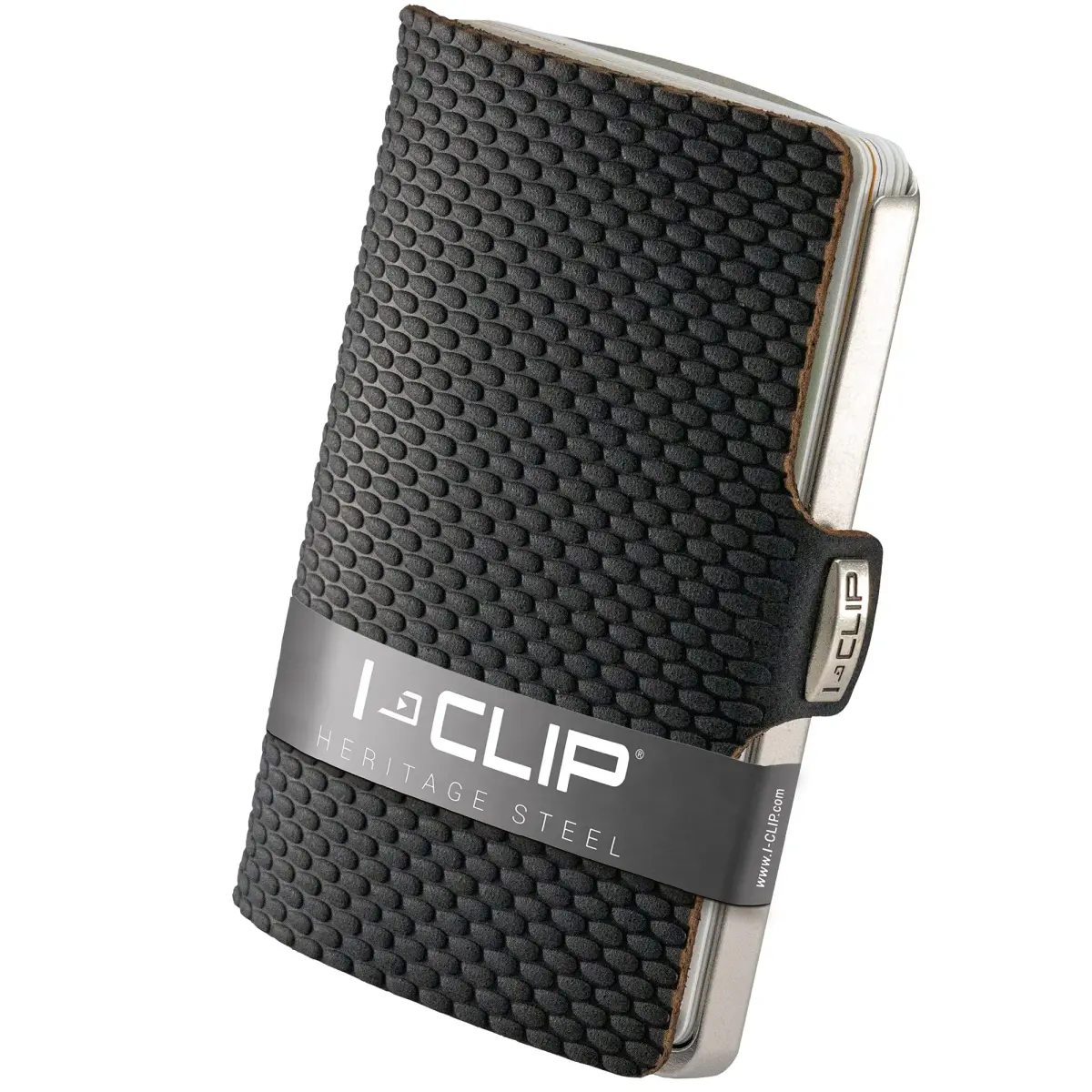 I-CLIP Stainless Steel Credit Card Case with Money Clip, Blasted Milanaise Black | Slim Leather Wallet for 10 Cards - main product image