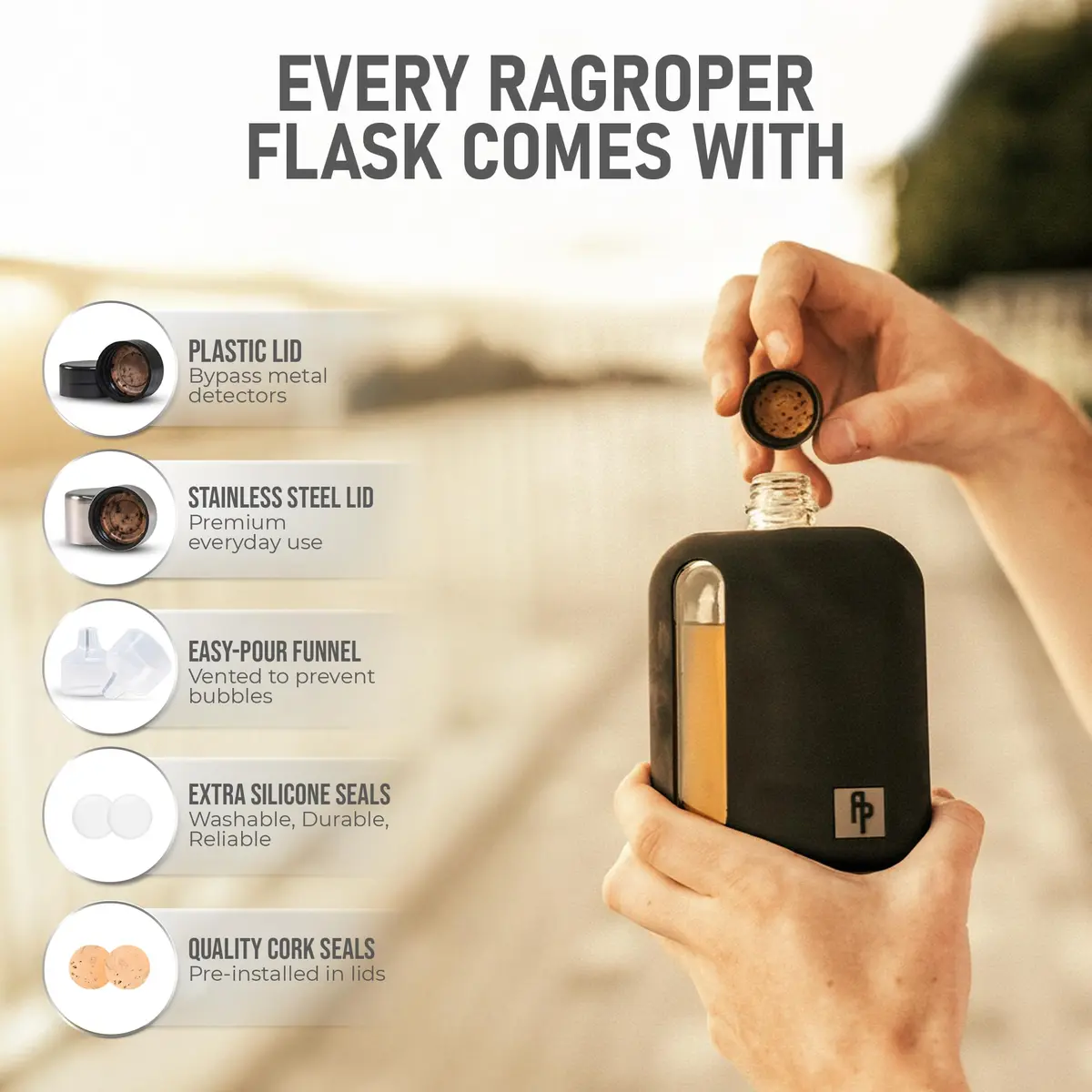 Ragproper Glass Hip Flask 100ml (3.4oz) Black | Patented Leakproof Design for Whiskey & Spirits - view 4
