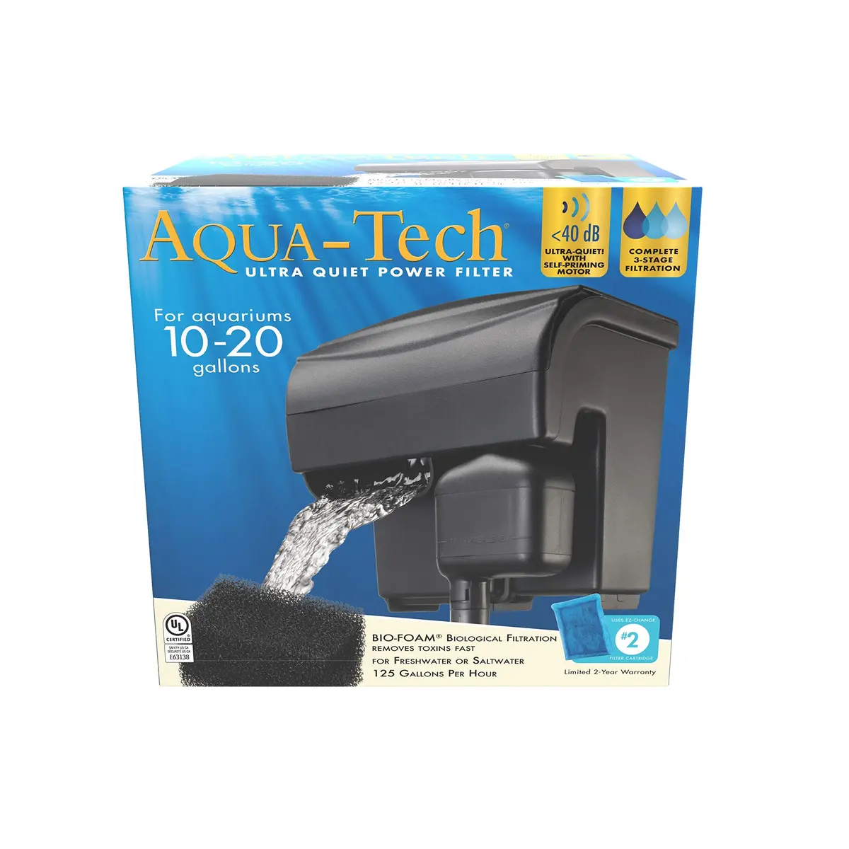 Aqua-Tech Ultra Quiet Power Filter for Aquariums 10-20 Gallon | 125 GPH, Low Noise, Biological & Carbon Filtration - main product image