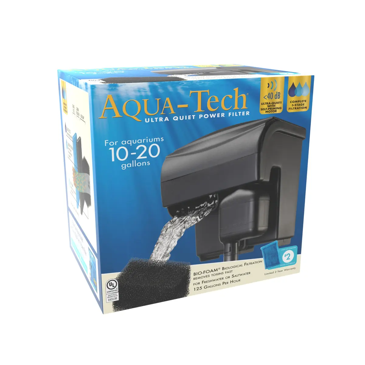 Aqua-Tech Ultra Quiet Power Filter for Aquariums 10-20 Gallon | 125 GPH, Low Noise, Biological & Carbon Filtration - view 2