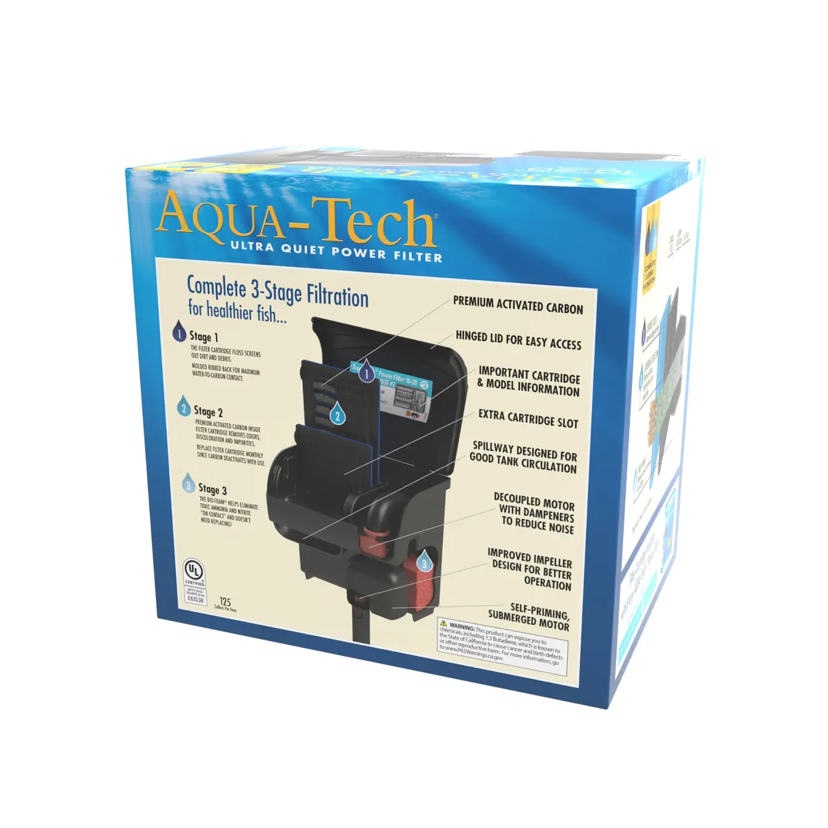 Aqua-Tech Ultra Quiet Power Filter for Aquariums 10-20 Gallon | 125 GPH, Low Noise, Biological & Carbon Filtration - view 3