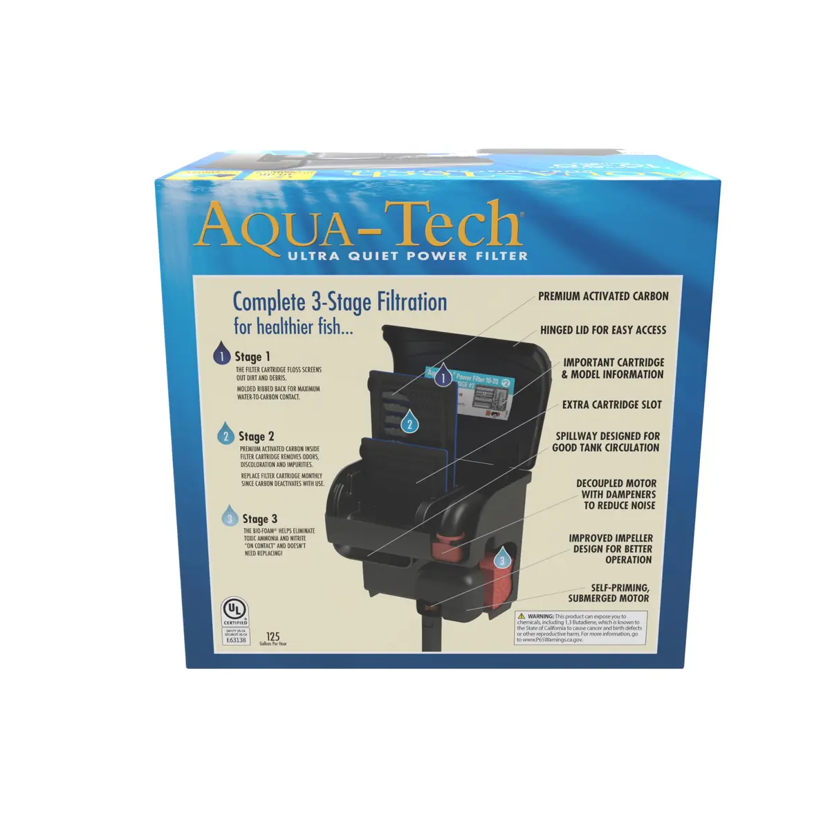 Aqua-Tech Ultra Quiet Power Filter for Aquariums 10-20 Gallon | 125 GPH, Low Noise, Biological & Carbon Filtration - view 4