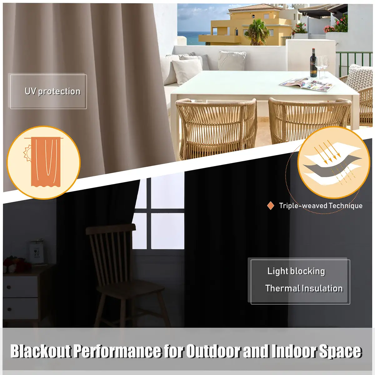 BONZER Waterproof Outdoor Blackout Curtains for Patio 100"W x 120"L | Thermal Insulated, Waterproof, Privacy (70-120 chars) - view 5