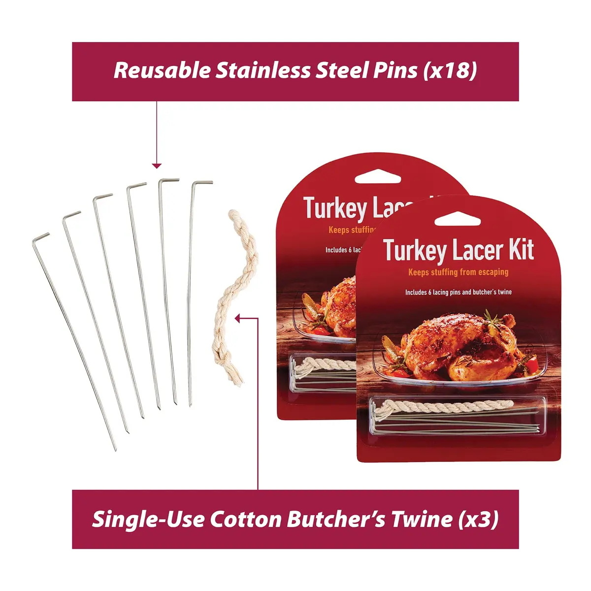HIC Kitchen Roasting Holiday Turkey Lacer Kit, Cotton Twine & Stainless Steel Pins | Reusable, Oven Safe to 500°F - view 7