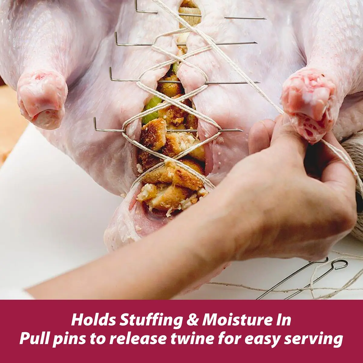 HIC Kitchen Roasting Holiday Turkey Lacer Kit, Cotton Twine & Stainless Steel Pins | Reusable, Oven Safe to 500°F - view 2
