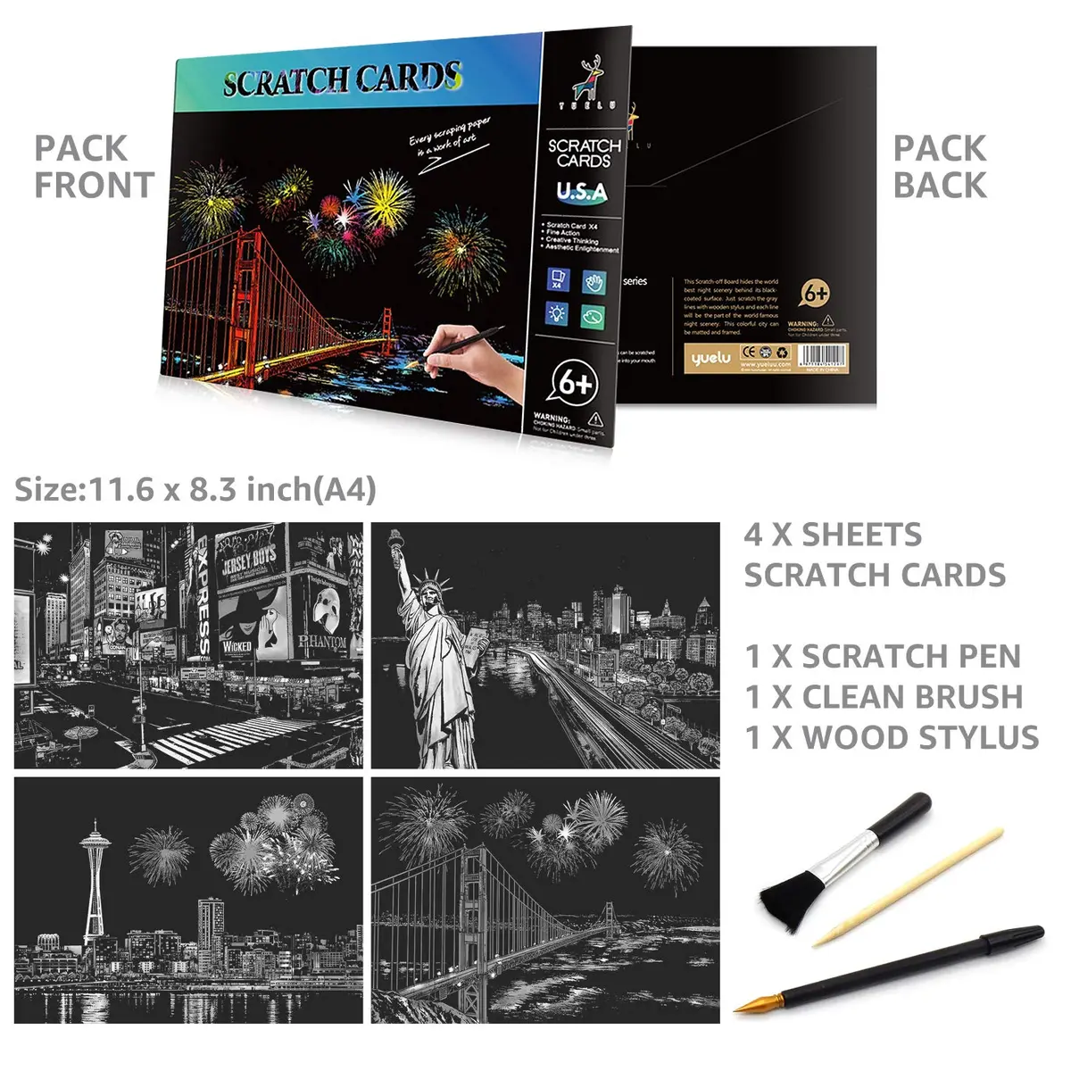AP ARTSPER Rainbow Scratch Art Set for Adults & Teens, A4 City Views | 4-Sheet Art Kit with Stylus & Pen - view 4