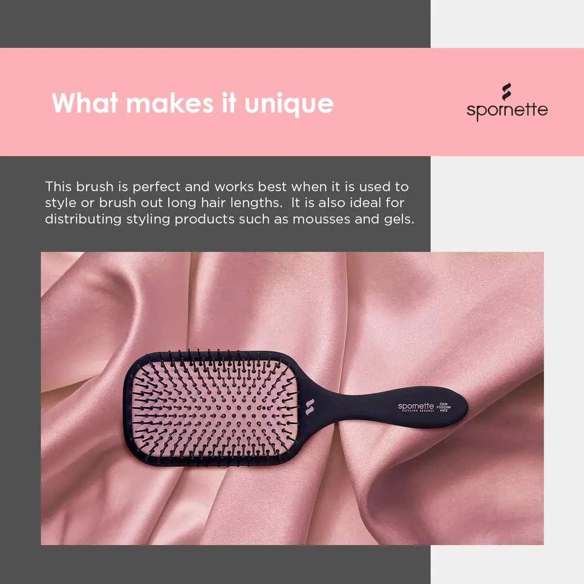 SPORNETTE Pink Ion Fusion Paddle Hair Brush, Ionic Nylon Bristles - For Detangling, Straightening & Smoothing, Medium to Long Hair - All Hair Types For Men, Women and Children - view 5