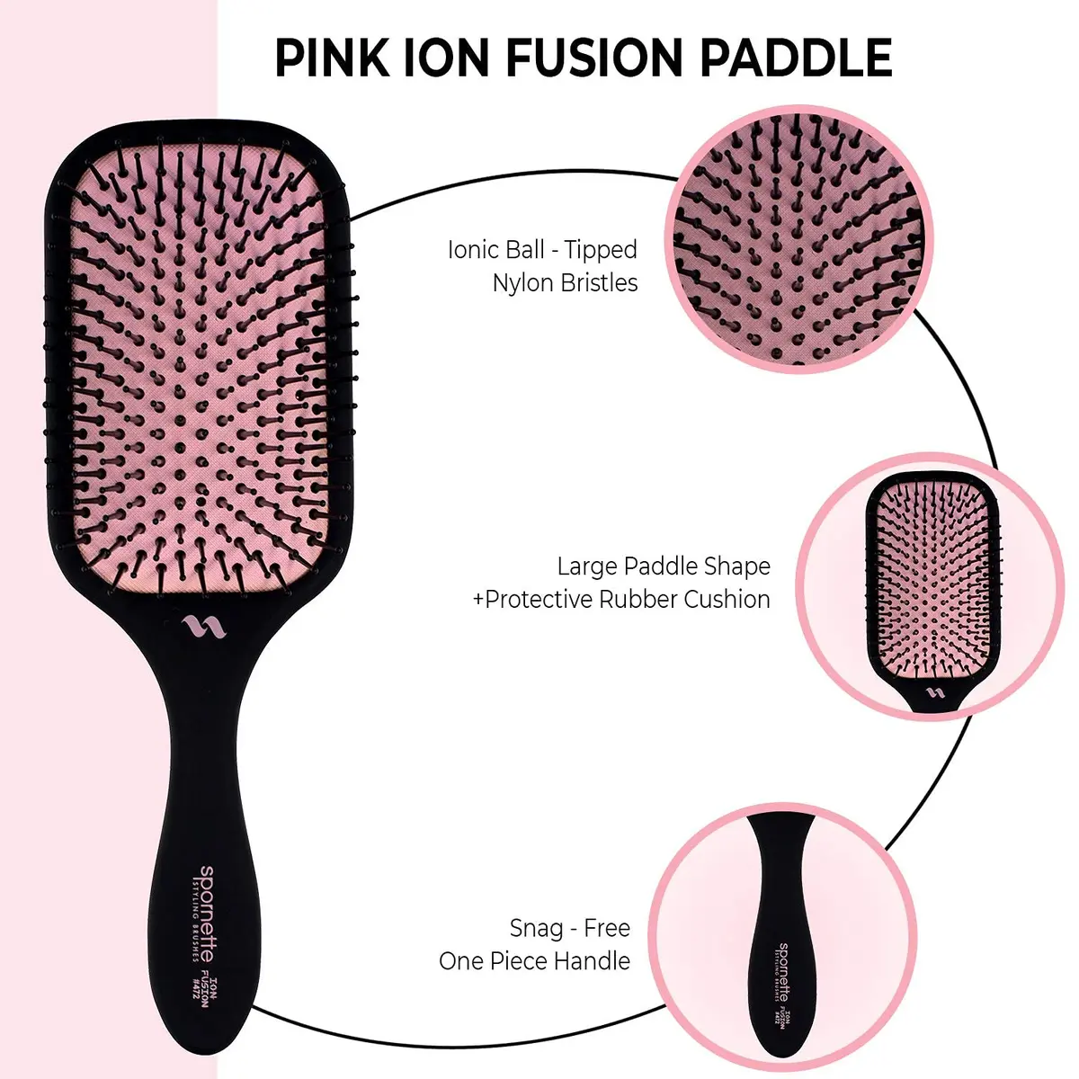 SPORNETTE Pink Ion Fusion Paddle Hair Brush, Ionic Nylon Bristles - For Detangling, Straightening & Smoothing, Medium to Long Hair - All Hair Types For Men, Women and Children - view 7