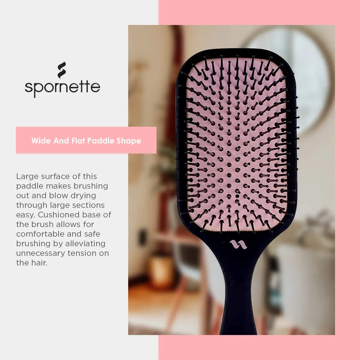 SPORNETTE Pink Ion Fusion Paddle Hair Brush, Ionic Nylon Bristles - For Detangling, Straightening & Smoothing, Medium to Long Hair - All Hair Types For Men, Women and Children - view 2