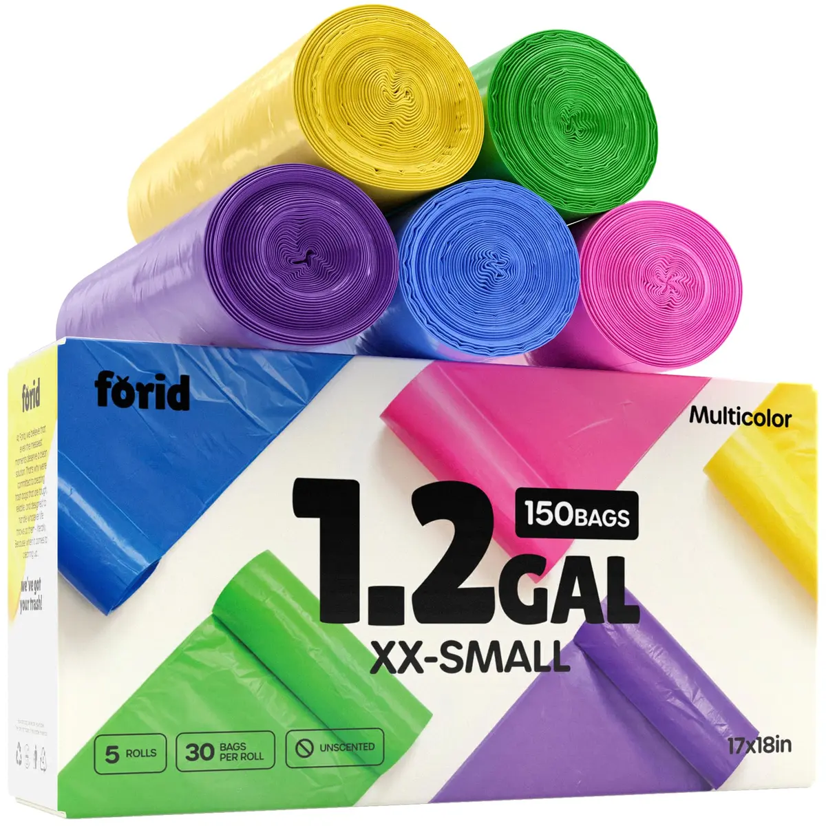 FORID 1.2 Gallon Colored Trash Bags | Extra Thick, Odorless, Strong Plastic Wastebasket Liners for Bathroom, Bedroom, Office & Car (150 Bags) - main product image