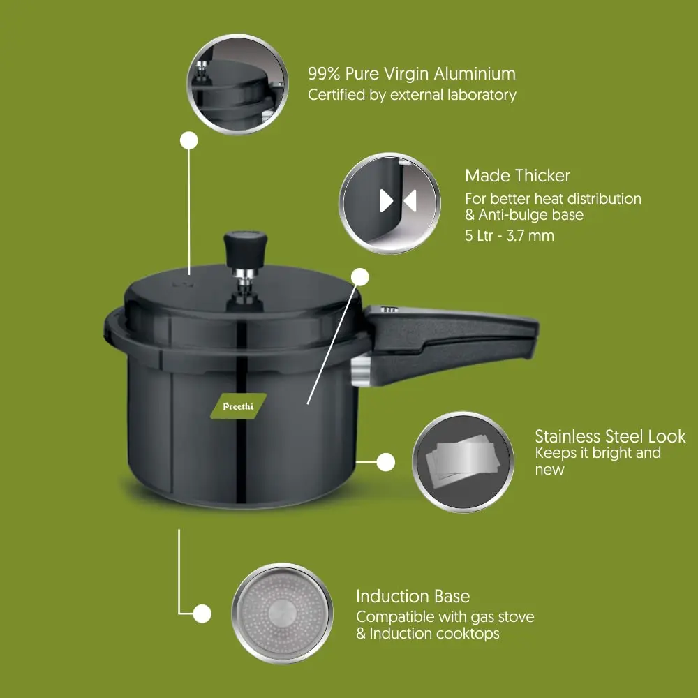 Preethi Pressure Cooker 5 Litres | Hard Anodized Induction Base, Outer Lid, Gas Compatible - view 4