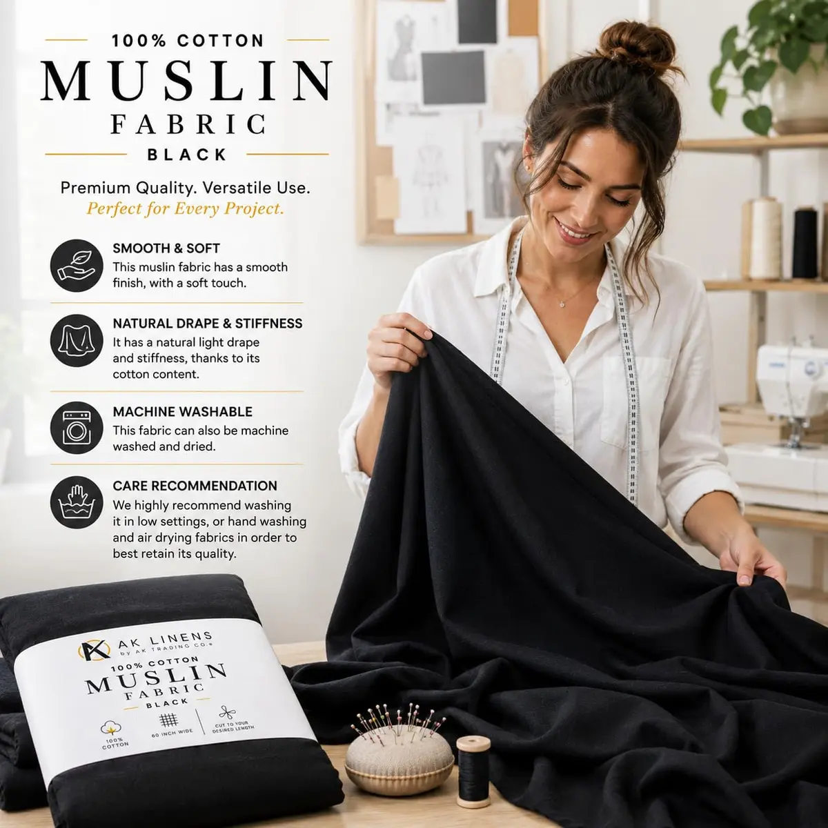 AK TRADING CO. Muslin Fabric - Black 10 Yards | Medium Weight 100% Cotton (60in Wide) - view 2