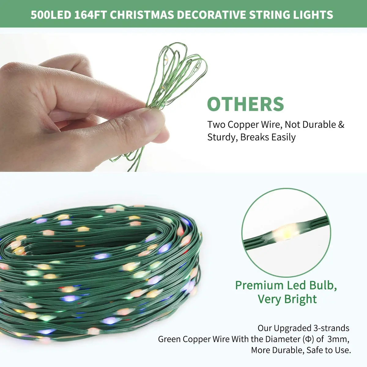 Tcamp 164FT 500 LED Colored Christmas Lights with Timer & Memory Function | 50m Green Wire Fairy String Lights - view 5