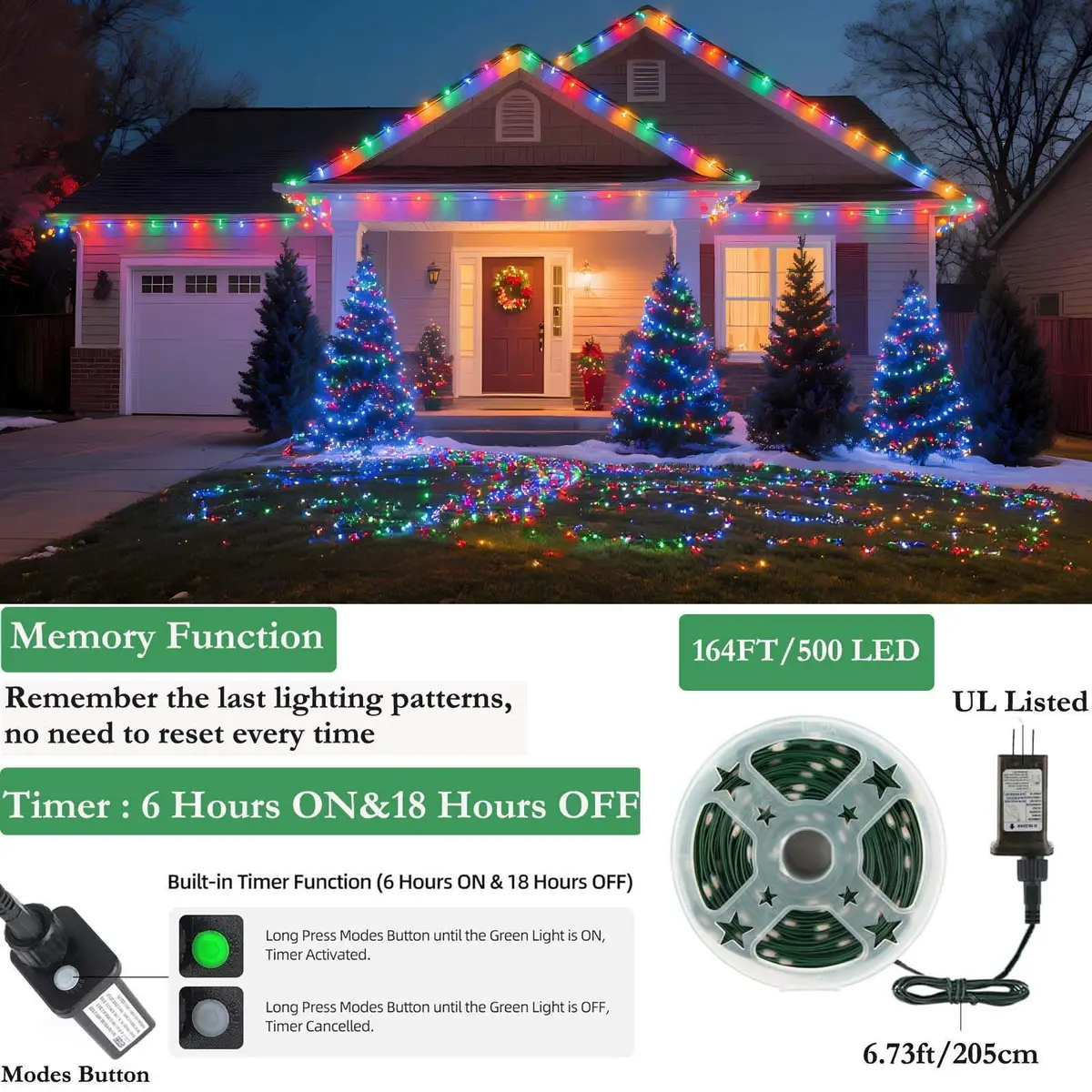 Tcamp 164FT 500 LED Colored Christmas Lights with Timer & Memory Function | 50m Green Wire Fairy String Lights - view 2