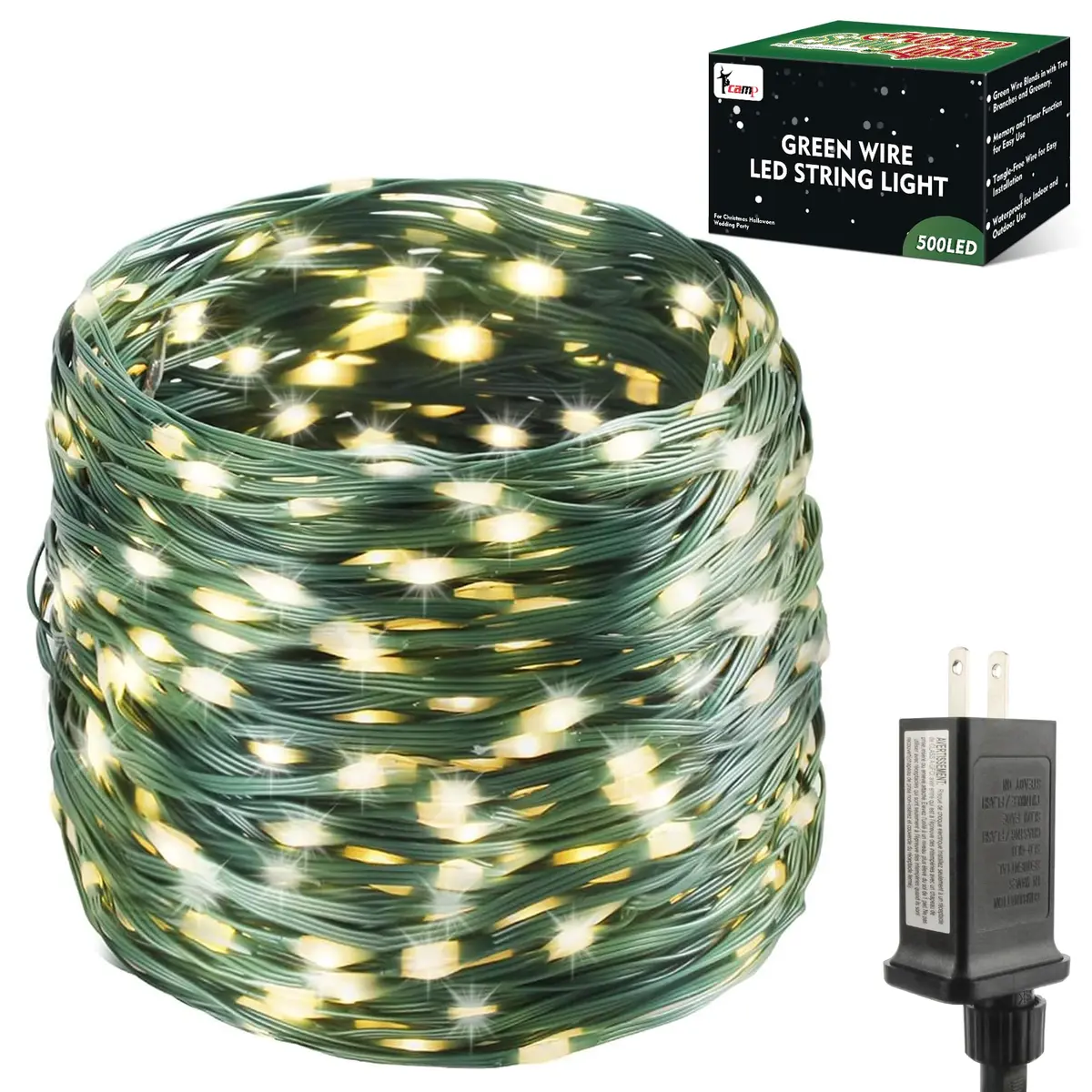Tcamp 164ft 500 LED Warm White Christmas Tree Lights | 50m Green Wire Starry Fairy String Lights for Outdoor Indoor Decor - main product image