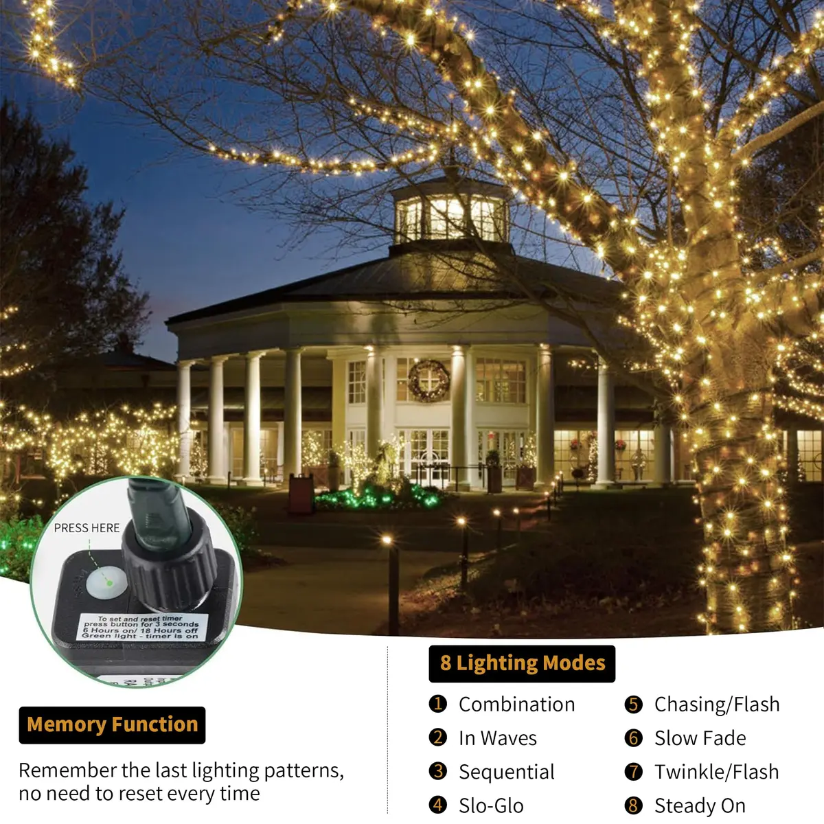 Tcamp 164ft 500 LED Warm White Christmas Tree Lights | 50m Green Wire Starry Fairy String Lights for Outdoor Indoor Decor - view 2