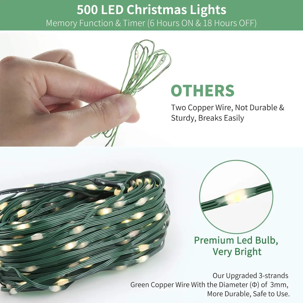 Tcamp 164ft 500 LED Warm White Christmas Tree Lights | 50m Green Wire Starry Fairy String Lights for Outdoor Indoor Decor - view 3