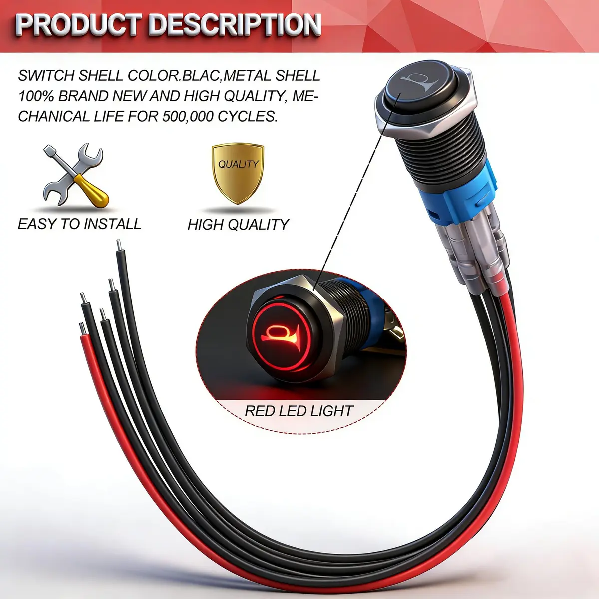 Twidec 19MM Push Button Switch 12V Red LED | Waterproof Metal Shell, Car & Vehicle Use - view 5