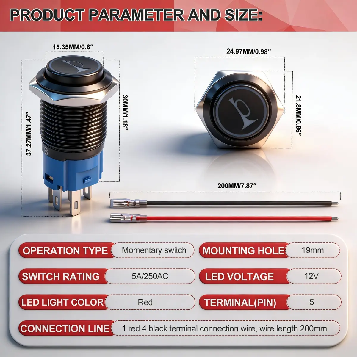 Twidec 19MM Push Button Switch 12V Red LED | Waterproof Metal Shell, Car & Vehicle Use - view 3