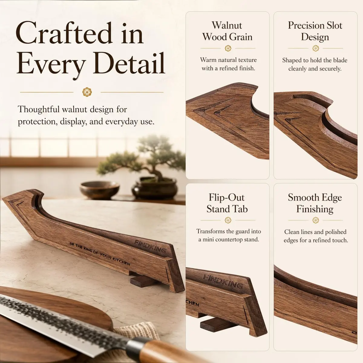 FINDKING Magnetic Edge Guard with Stand, Walnut Wood Blade Cover & Mini Knife Block for Counter Storage, Portable Protector for 8” Chef Knife - view 7