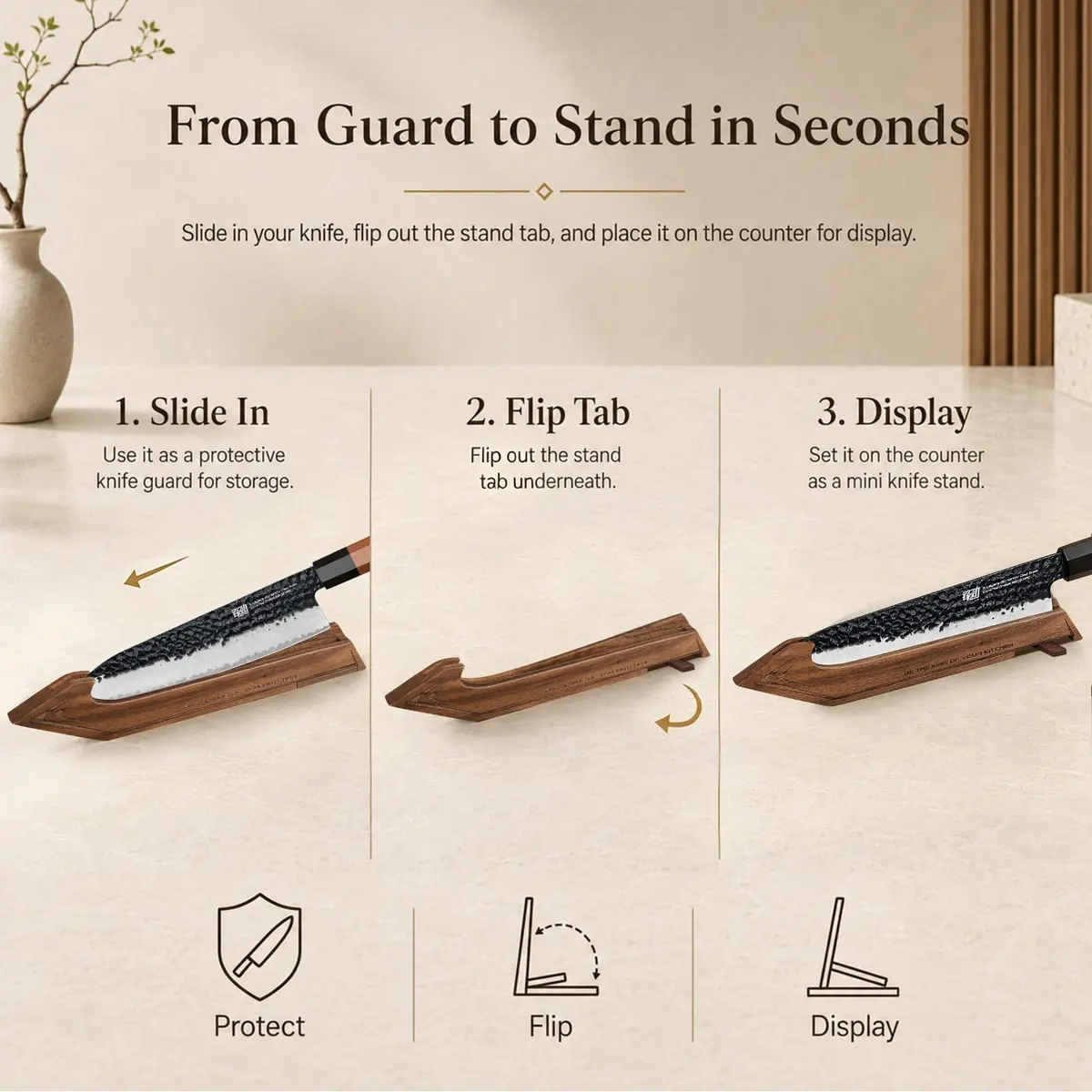 FINDKING Magnetic Edge Guard with Stand, Walnut Wood Blade Cover & Mini Knife Block for Counter Storage, Portable Protector for 8” Chef Knife - view 3